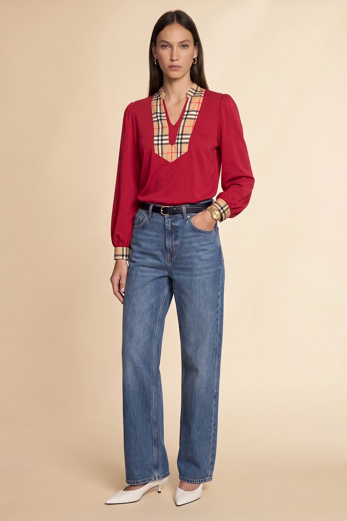 Womens Burgundy Puff Long Sleeve Blouse | CicyBell