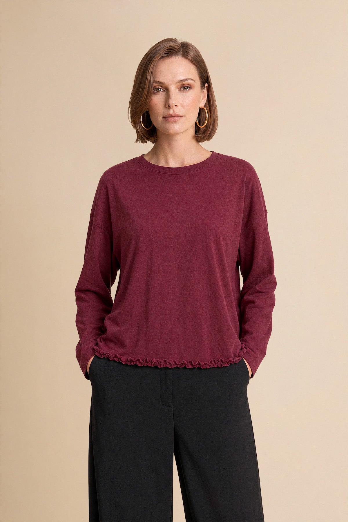 Womens Burgundy Oversized Ruffle Hem Tops | CicyBell