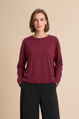Womens Burgundy Oversized Ruffle Hem Tops | CicyBell