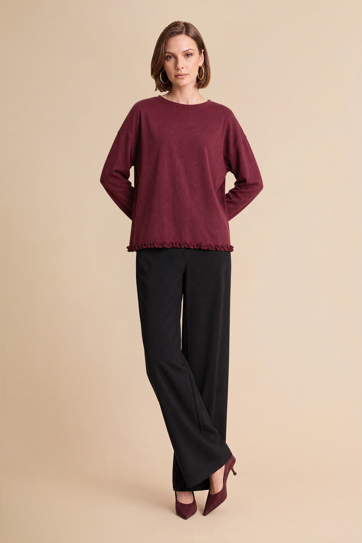 Womens Burgundy Oversized Ruffle Hem Tops | CicyBell
