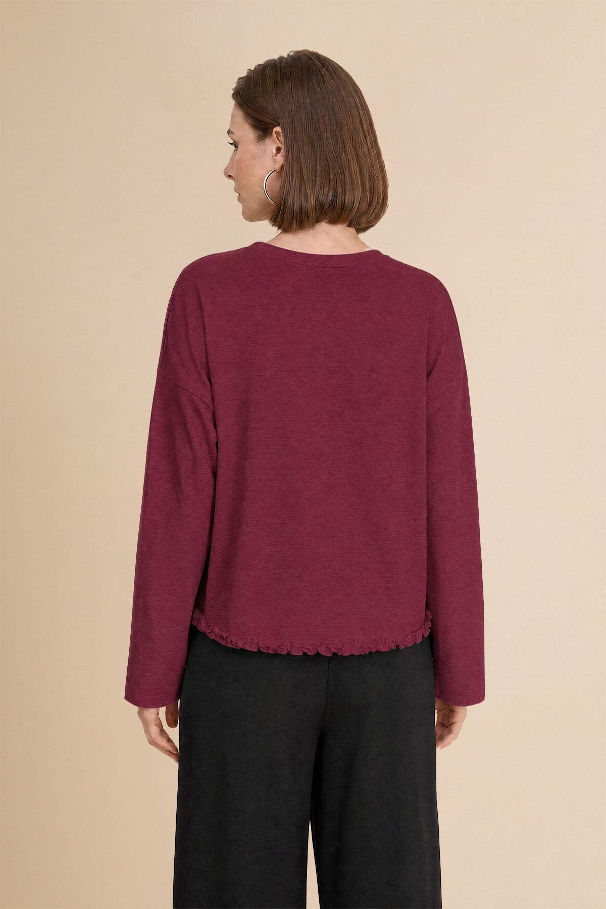 Womens Burgundy Oversized Ruffle Hem Tops | CicyBell