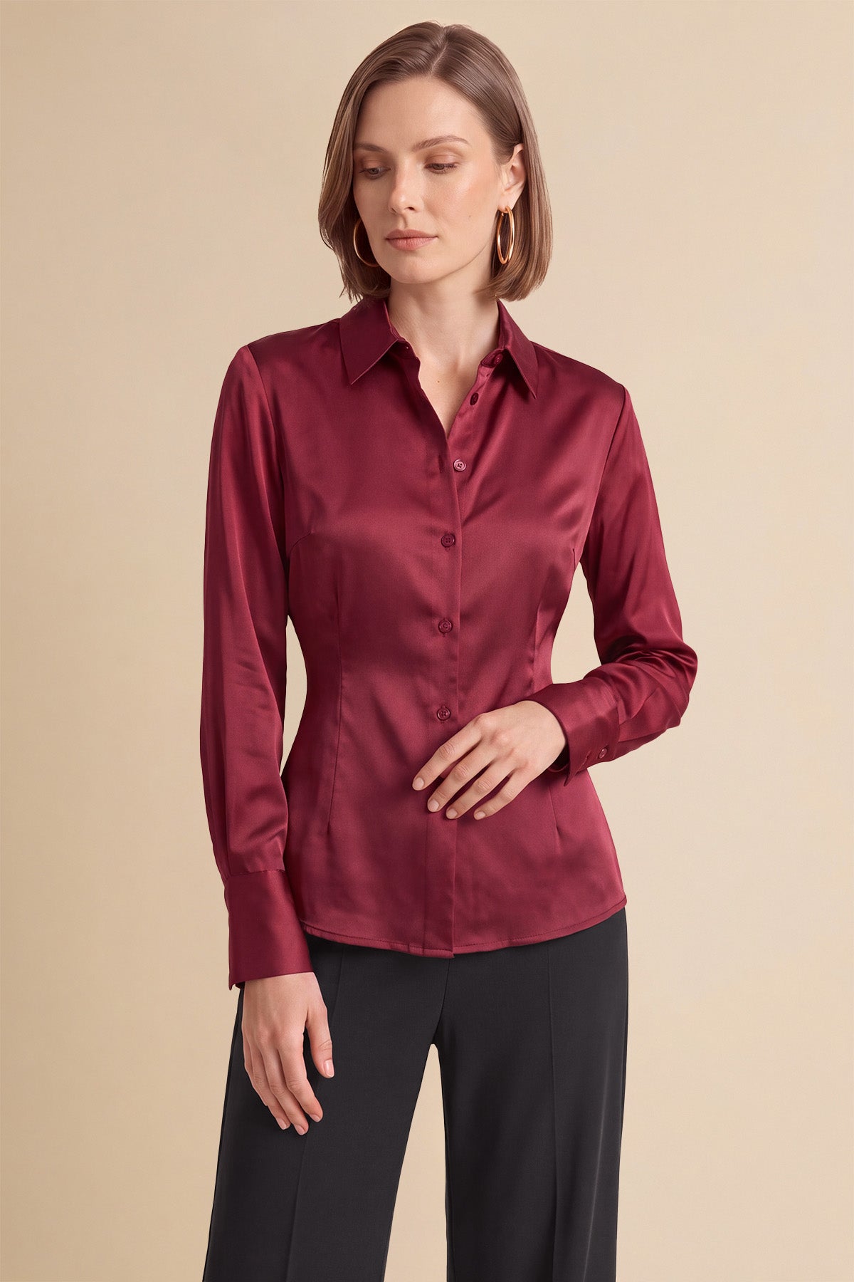 Womens Burgundy Satin Button Down Shirt | CicyBell