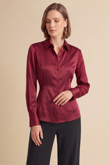 Womens Burgundy Satin Button Down Shirt | CicyBell