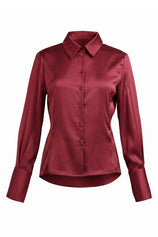 Womens Burgundy Satin Button Down Shirt | CicyBell