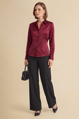 Womens Burgundy Satin Button Down Shirt | CicyBell