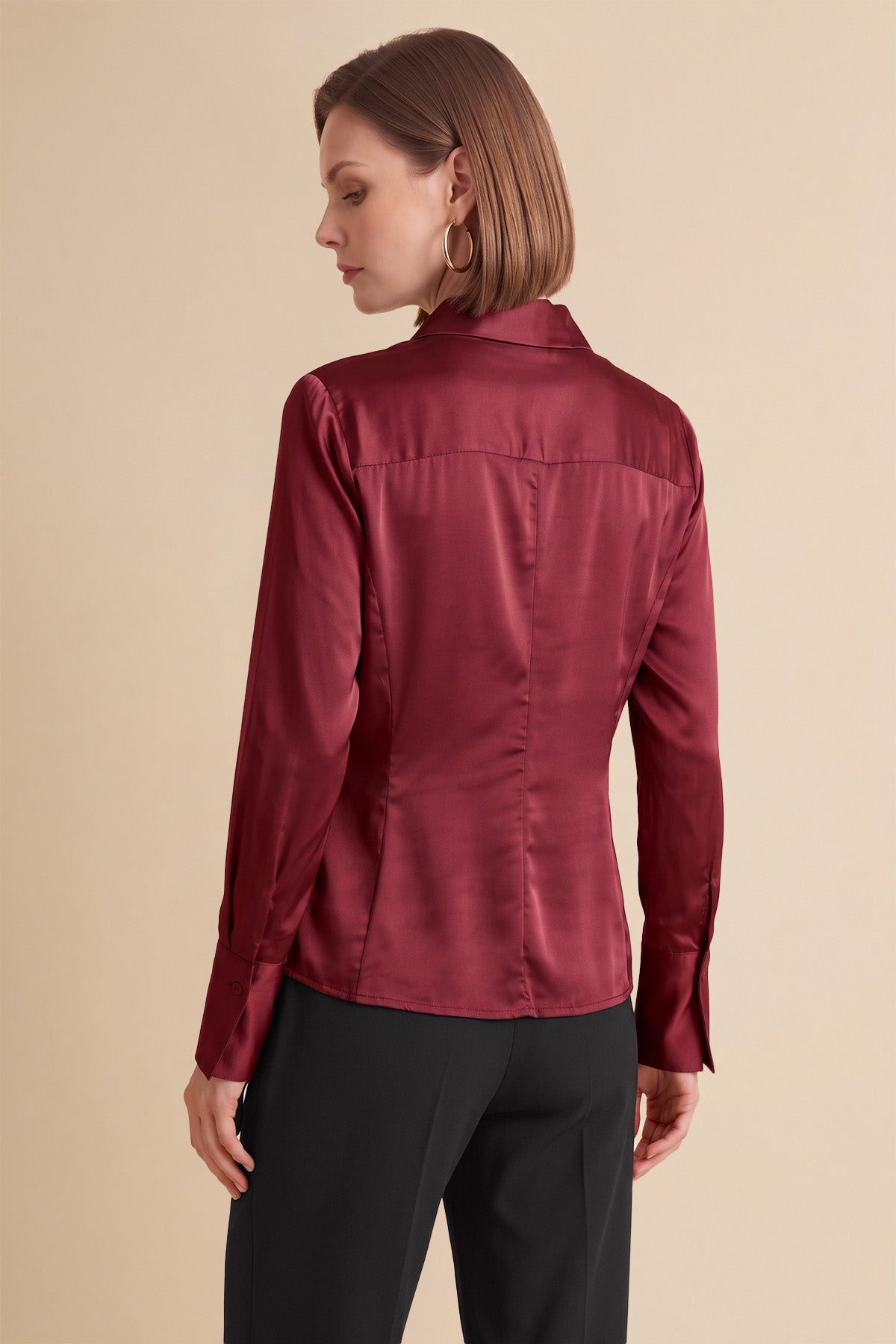Womens Burgundy Satin Button Down Shirt | CicyBell