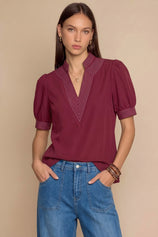 Womens Burgundy Puff Short Sleeve Blouses  | CicyBell