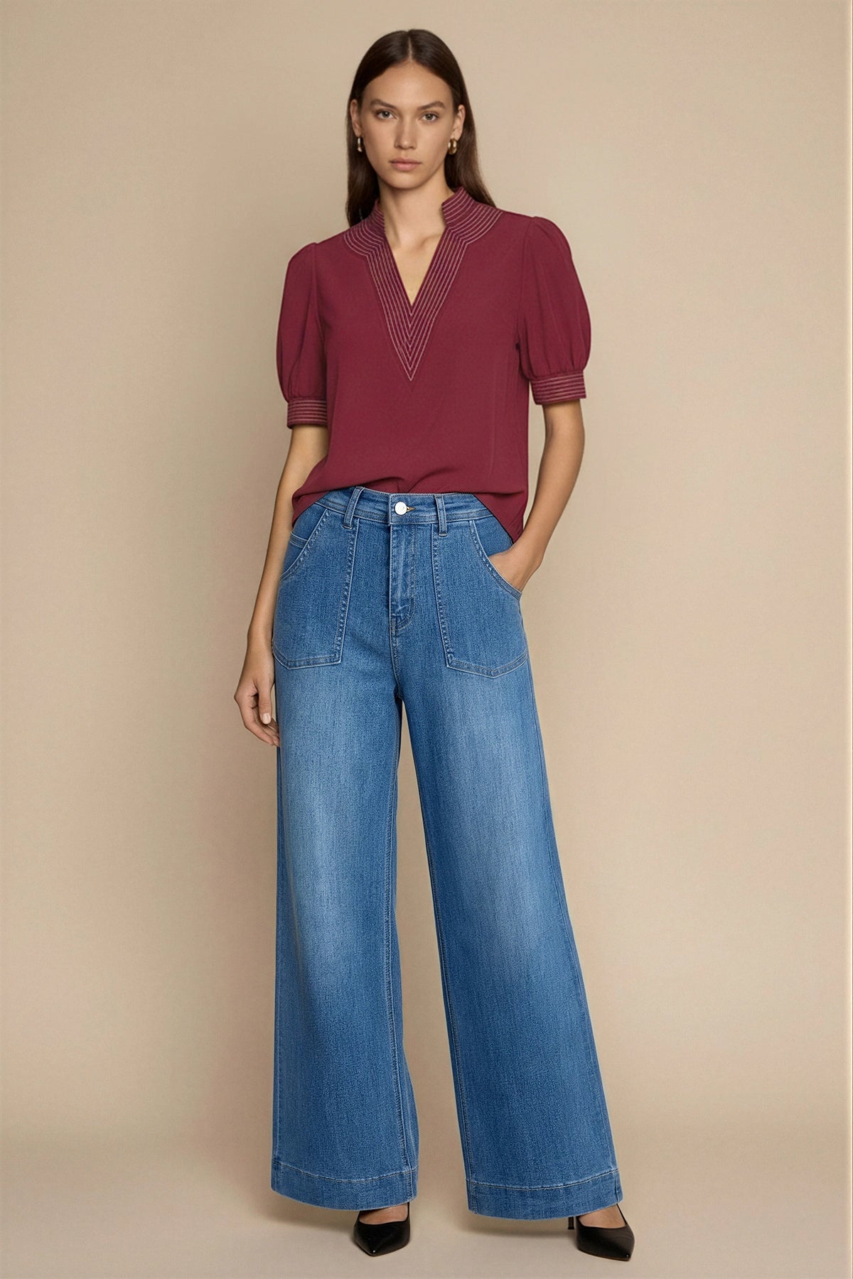 Womens Burgundy Puff Short Sleeve Blouses  | CicyBell