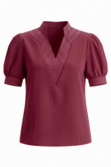 Womens Burgundy Puff Short Sleeve Blouses  | CicyBell