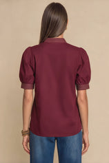 Womens Burgundy Puff Short Sleeve Blouses  | CicyBell