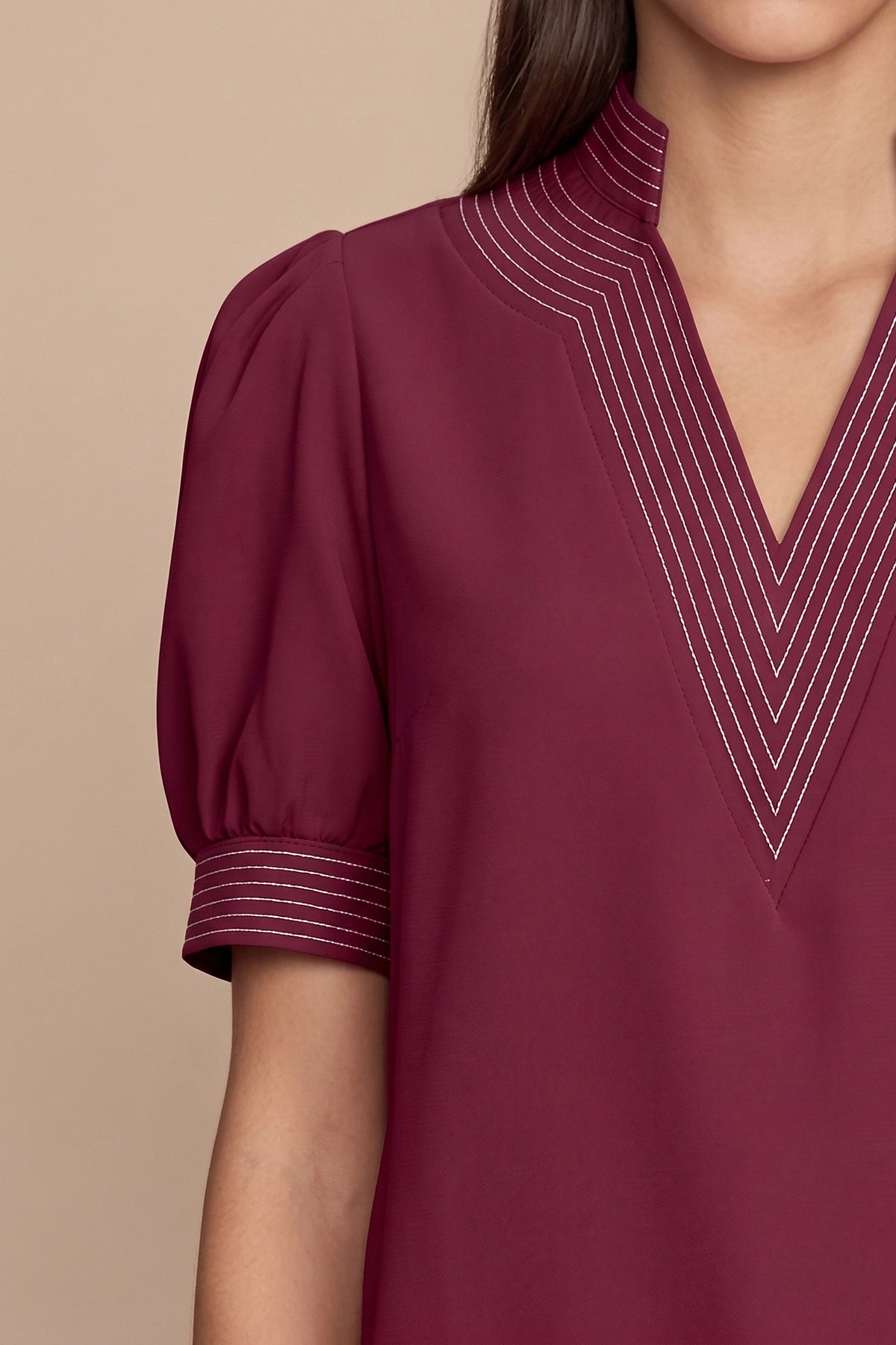 Womens Burgundy Puff Short Sleeve Blouses  | CicyBell