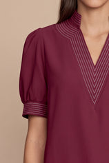 Womens Burgundy Puff Short Sleeve Blouses  | CicyBell