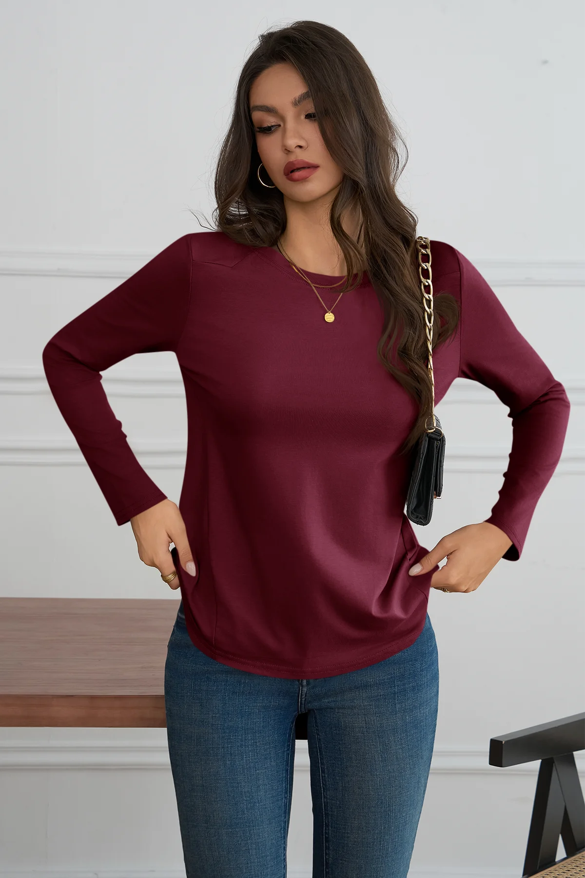 Cicy Bell Womens Burgundy Long Sleeve Shirts