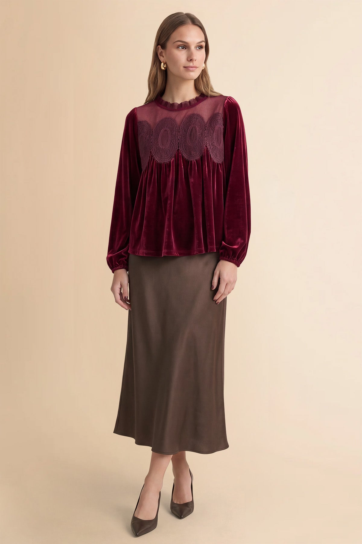 Womens Burgundy Velvet Babydoll Tops | CicyBell