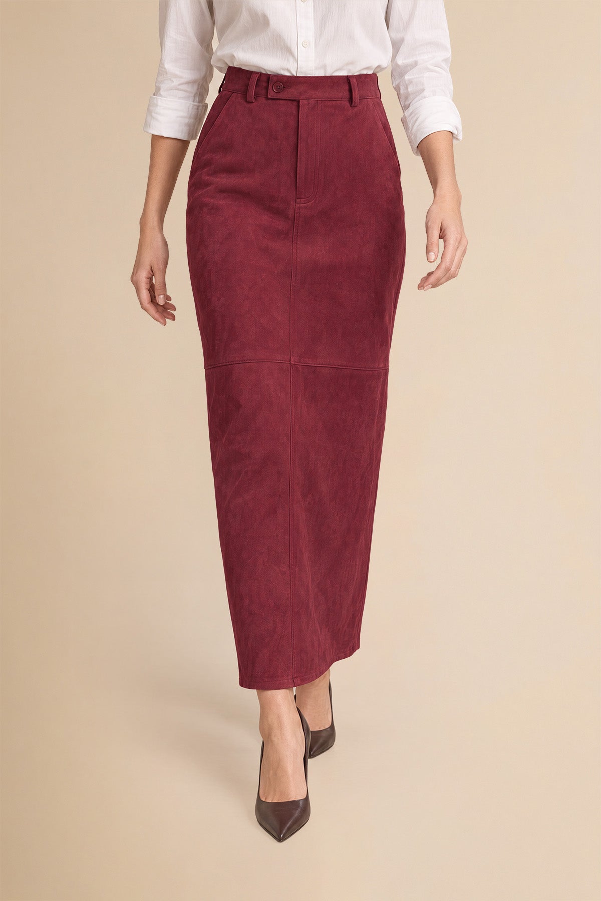 Womens Burgundy Suede Maxi Skirt | CicyBell
