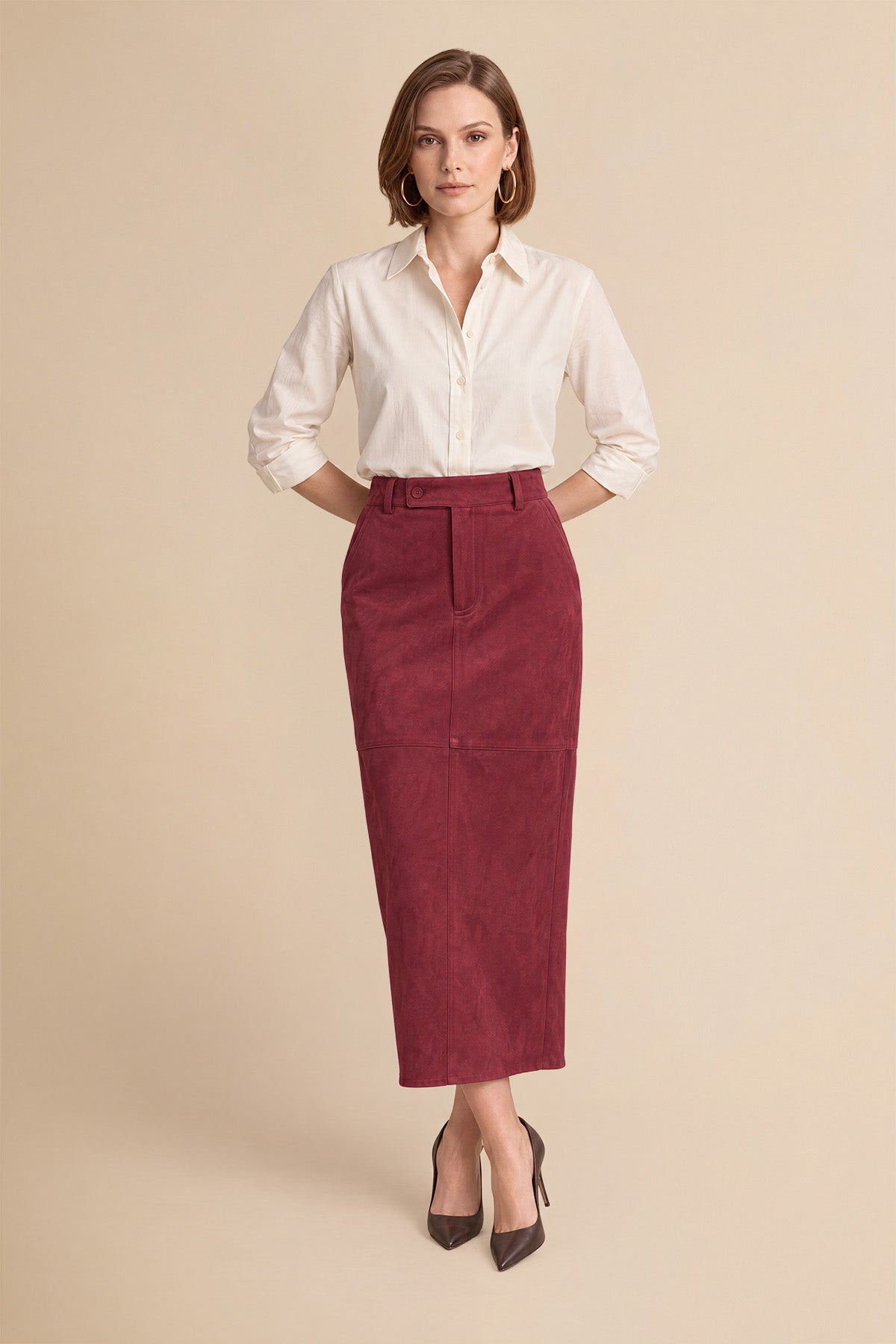 Womens Burgundy Suede Maxi Skirt | CicyBell