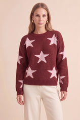 Womens Burgundy Star Pattern Pullover Sweater | CicyBell