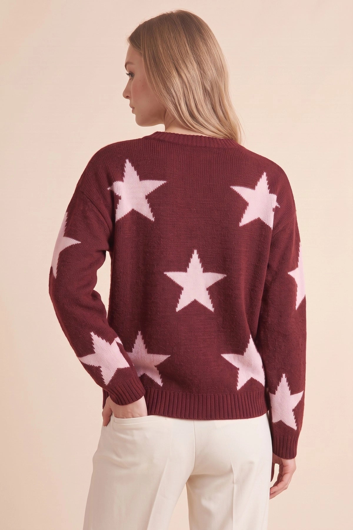Womens Burgundy Star Pattern Pullover Sweater | CicyBell