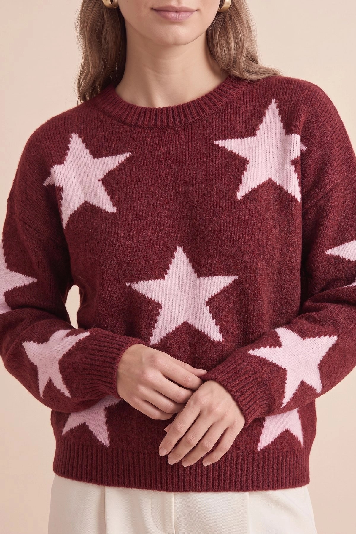 Womens Burgundy Star Pattern Pullover Sweater | CicyBell