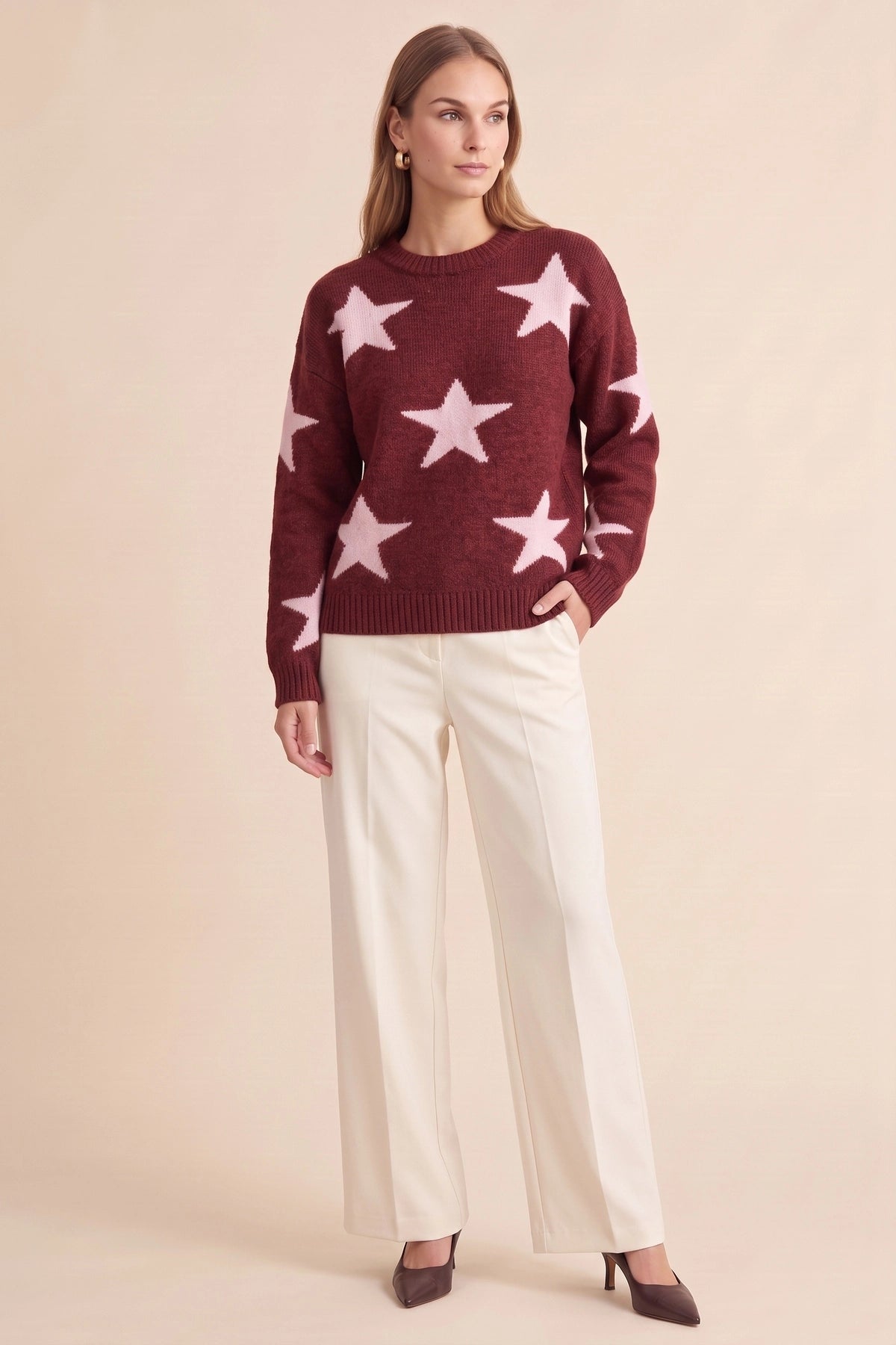 Womens Burgundy Star Pattern Pullover Sweater | CicyBell