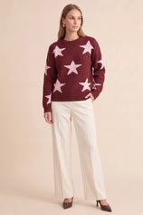 Womens Burgundy Star Pattern Pullover Sweater | CicyBell