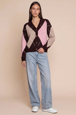 Women Burgundy Plaid Color Block Cardigan | CicyBell