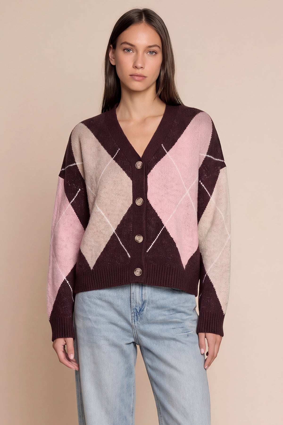 Women Burgundy Plaid Color Block Cardigan | CicyBell