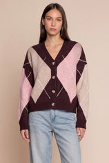 Women Burgundy Plaid Color Block Cardigan | CicyBell