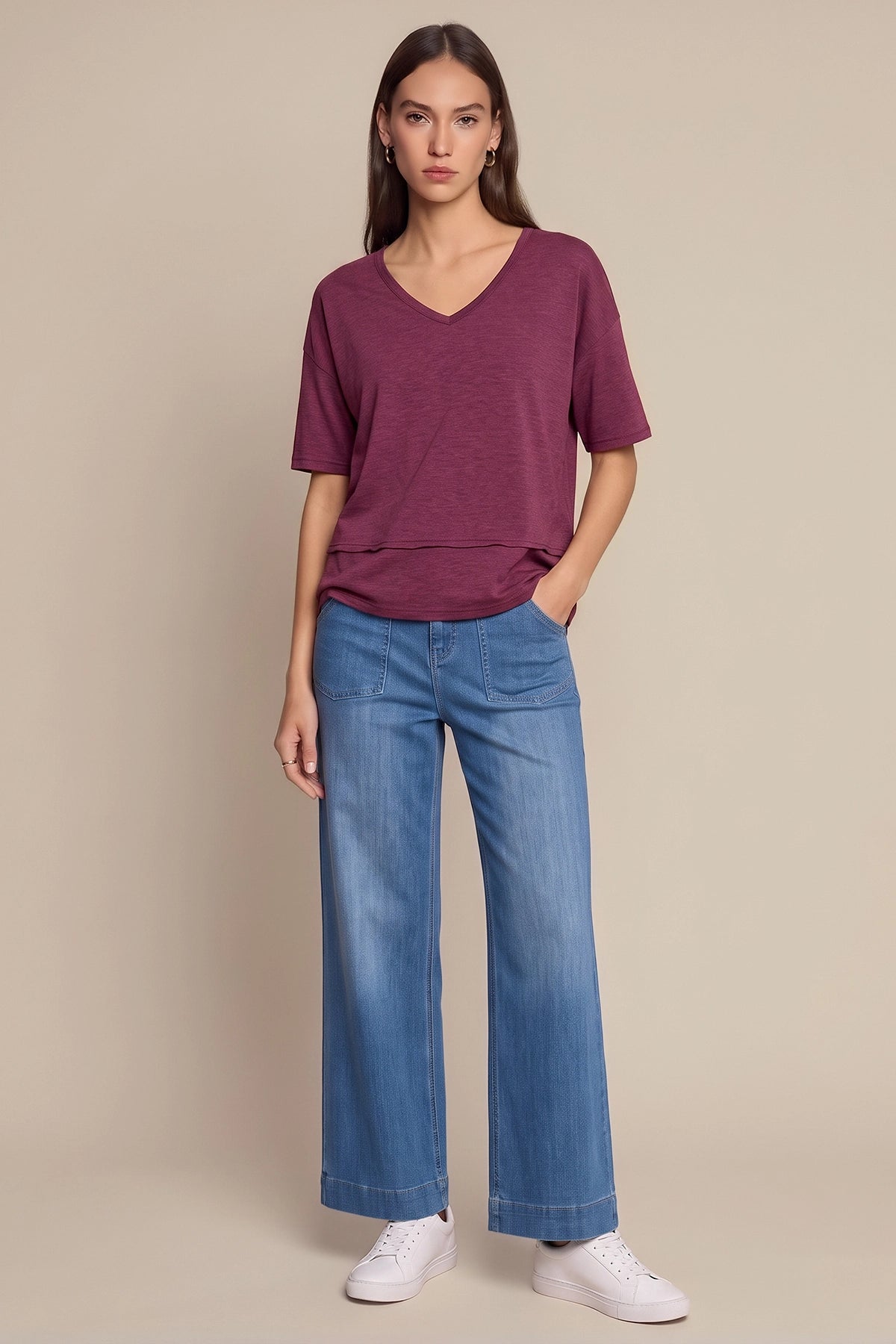 Womens Burgundy Summer V Neck T Shirts | CicyBell