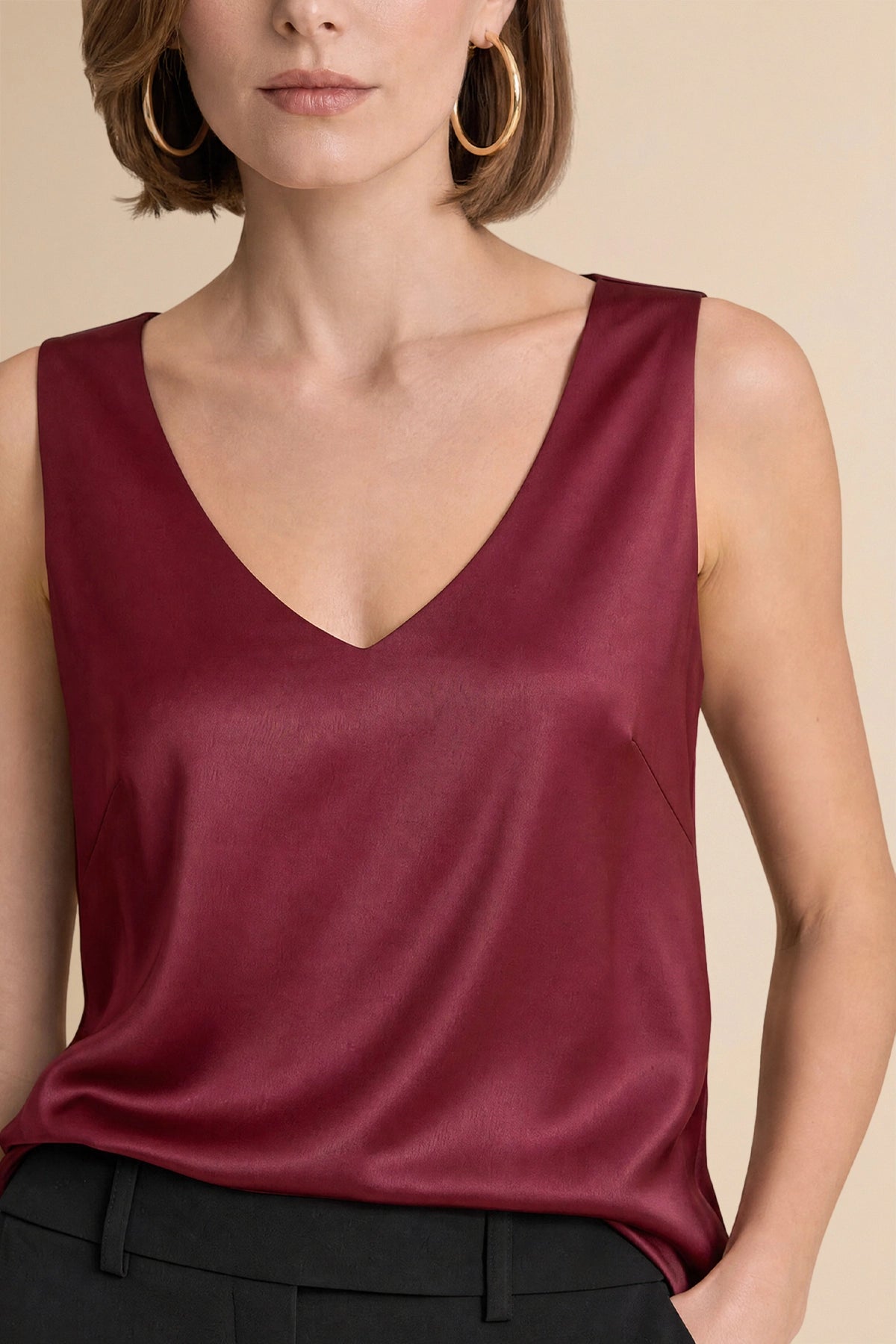 Womens Burgundy V Neck Satin Tank Tops  | CicyBell