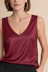 Womens Burgundy V Neck Satin Tank Tops  | CicyBell
