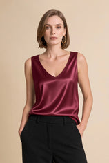 Womens Burgundy V Neck Satin Tank Tops  | CicyBell