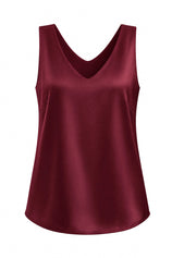 Womens Burgundy V Neck Satin Tank Tops  | CicyBell