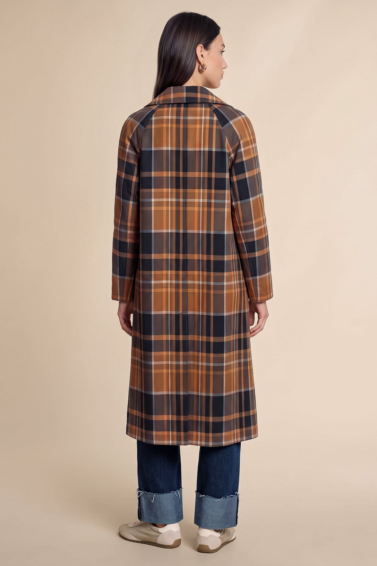 Womens Camel Plaid Trench Long Coat | CicyBell