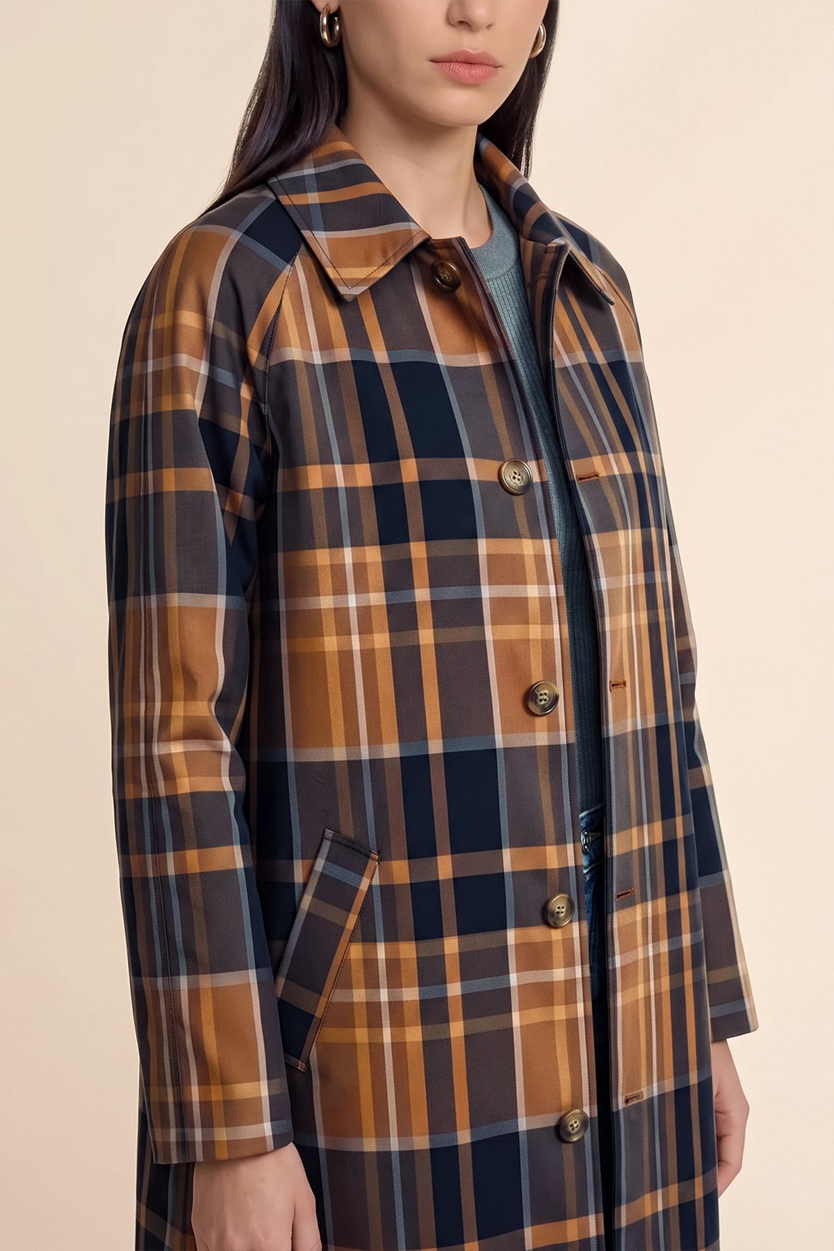 Womens Camel Plaid Trench Long Coat | CicyBell
