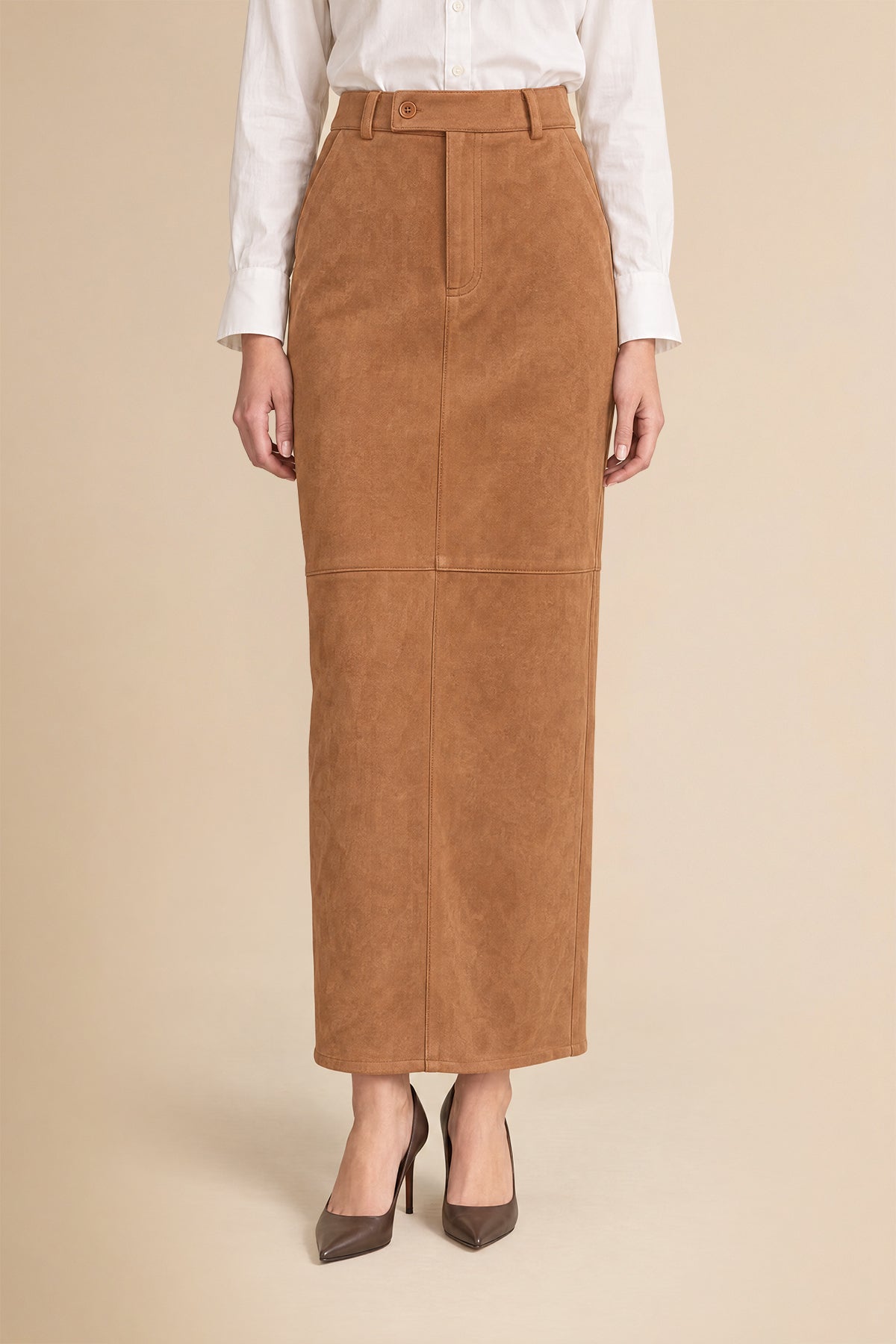 Womens Camel Suede Maxi Skirt | CicyBell