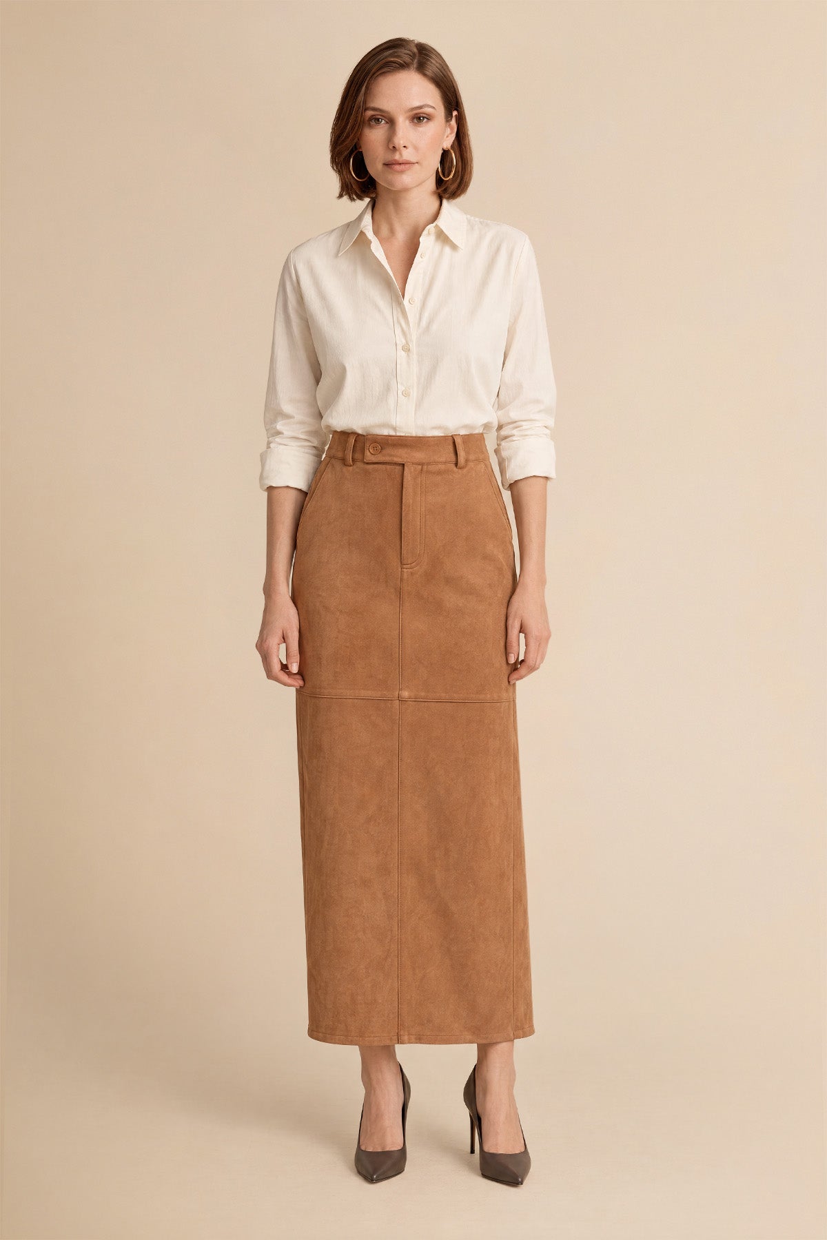 Womens Camel Suede Maxi Skirt | CicyBell