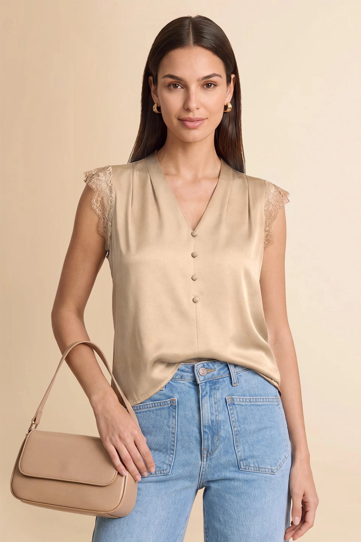 Womens Camel Silk Satin Tank Tops | CicyBell