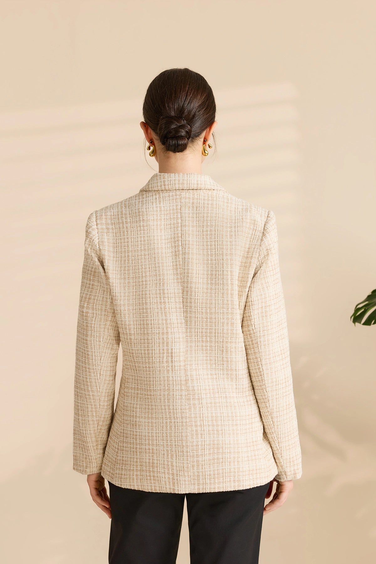 Womens Camel Beige Plaid Tweed Blazer Jacket | CicyBell