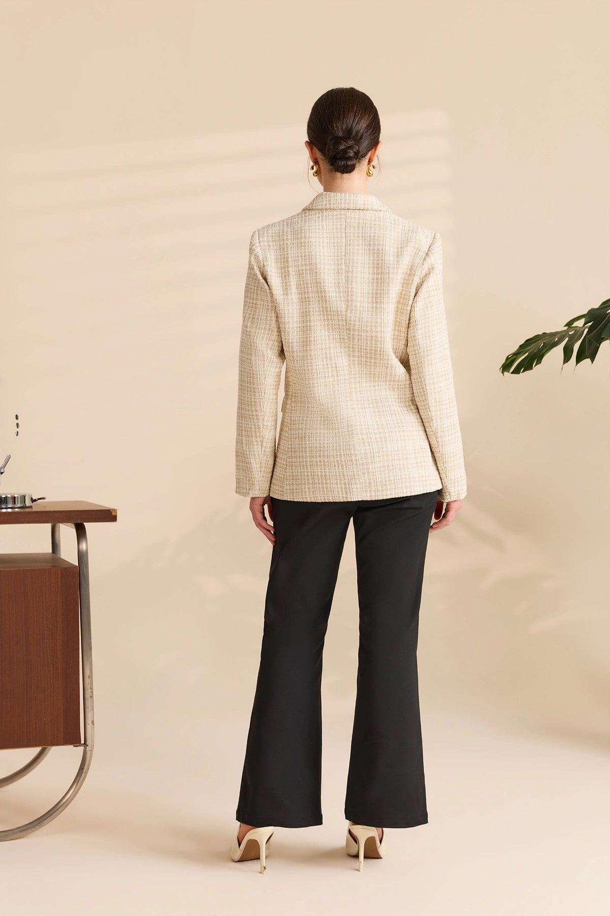 Womens Camel Beige Plaid Tweed Blazer Jacket | CicyBell