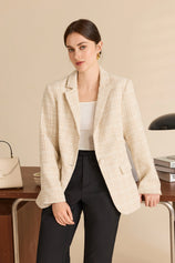 Womens Camel Beige Plaid Tweed Blazer Jacket | CicyBell