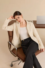 Womens Camel Beige Plaid Tweed Blazer Jacket | CicyBell