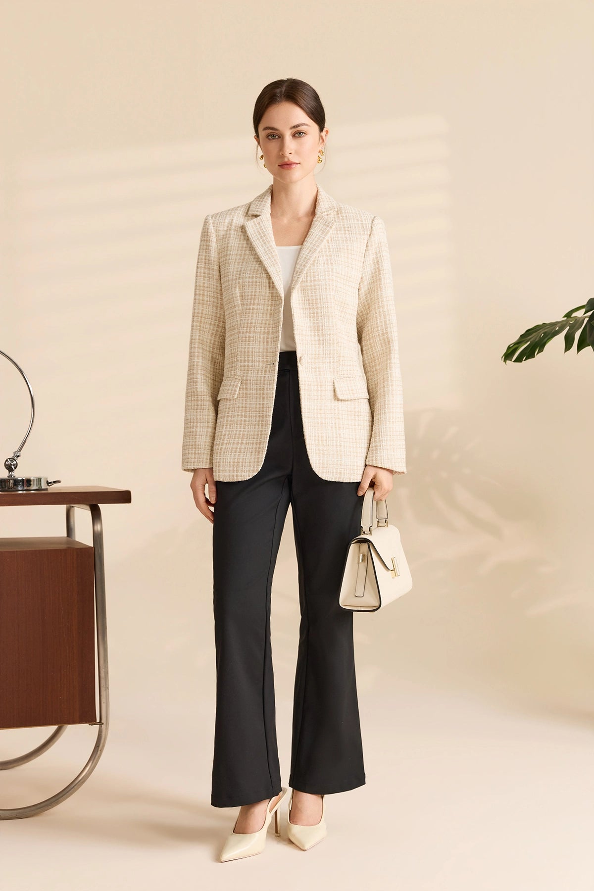 Womens Camel Beige Plaid Tweed Blazer Jacket | CicyBell