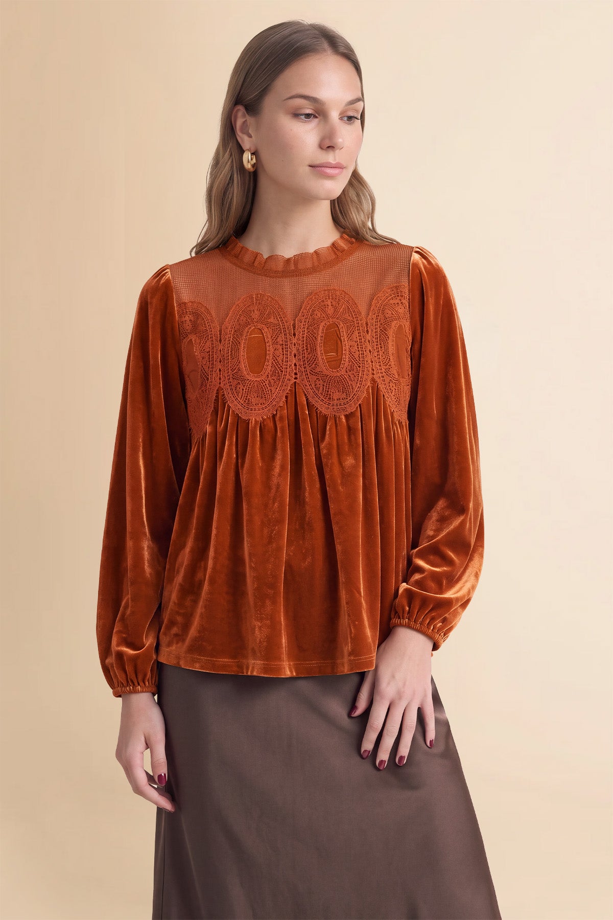 Womens Caramel Velvet Babydoll Tops | CicyBell