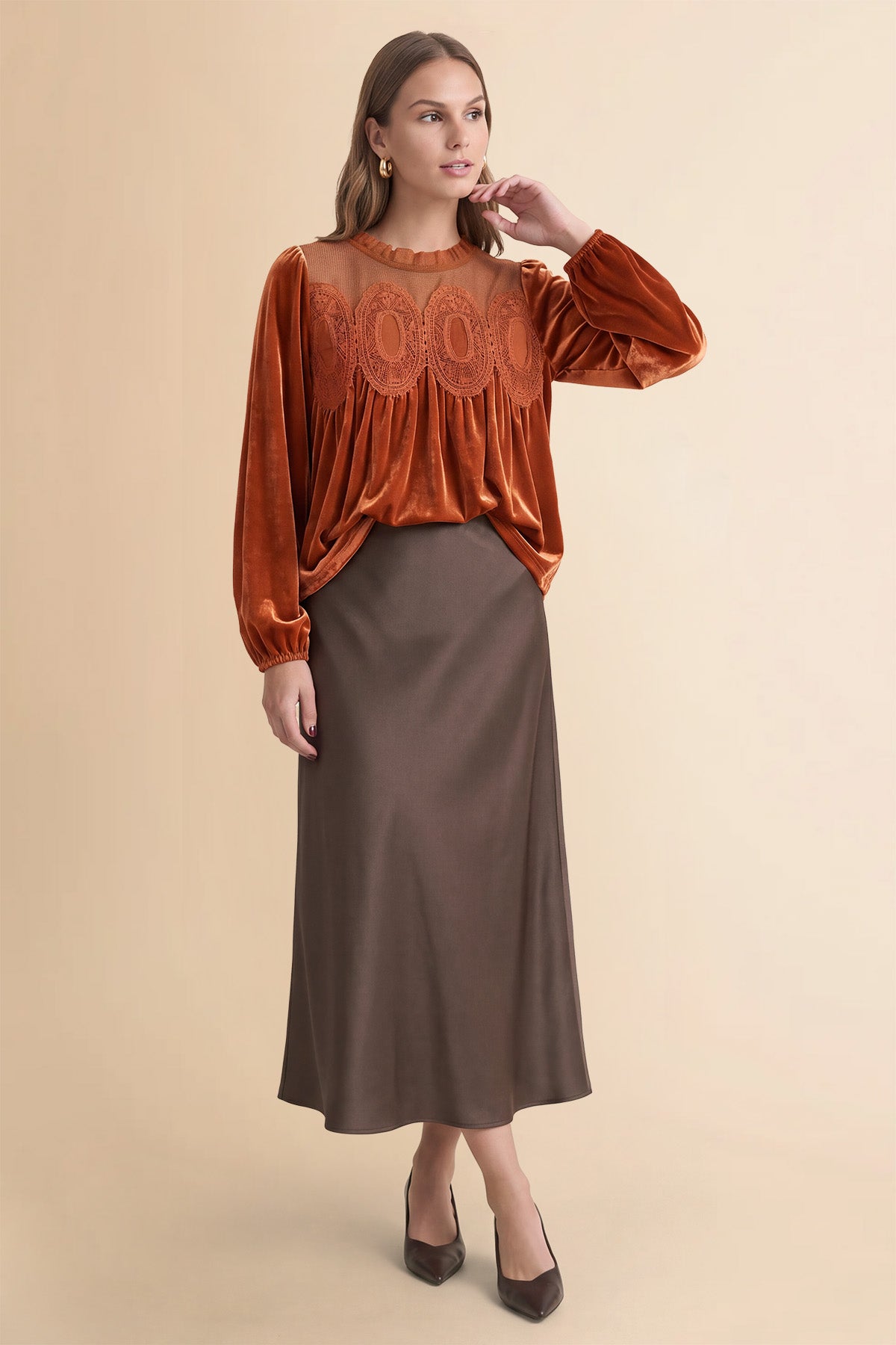 Womens Caramel Velvet Babydoll Tops | CicyBell