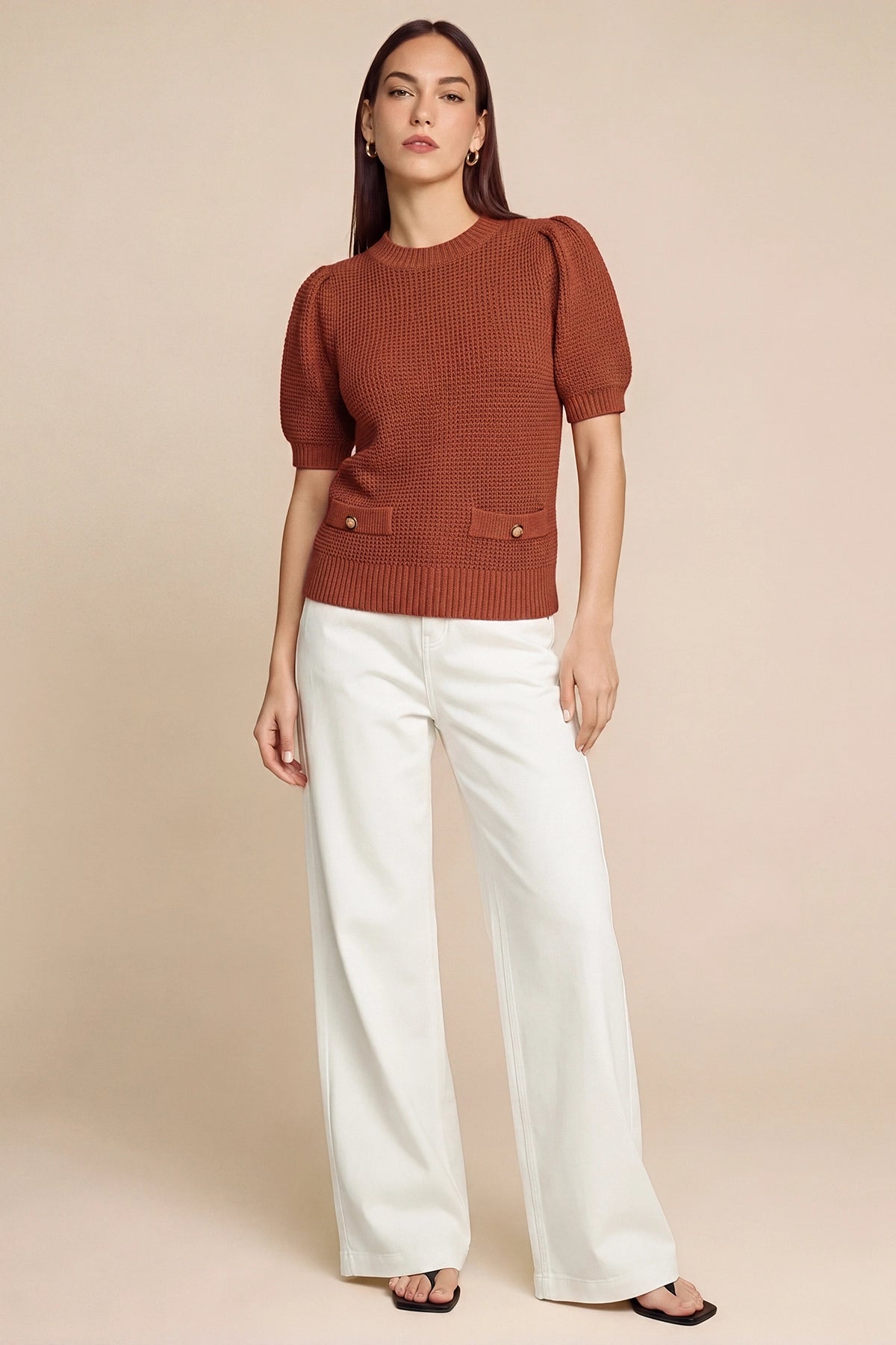 Womens Caramel Puff Short Sleeve Sweaters Tops | CicyBell