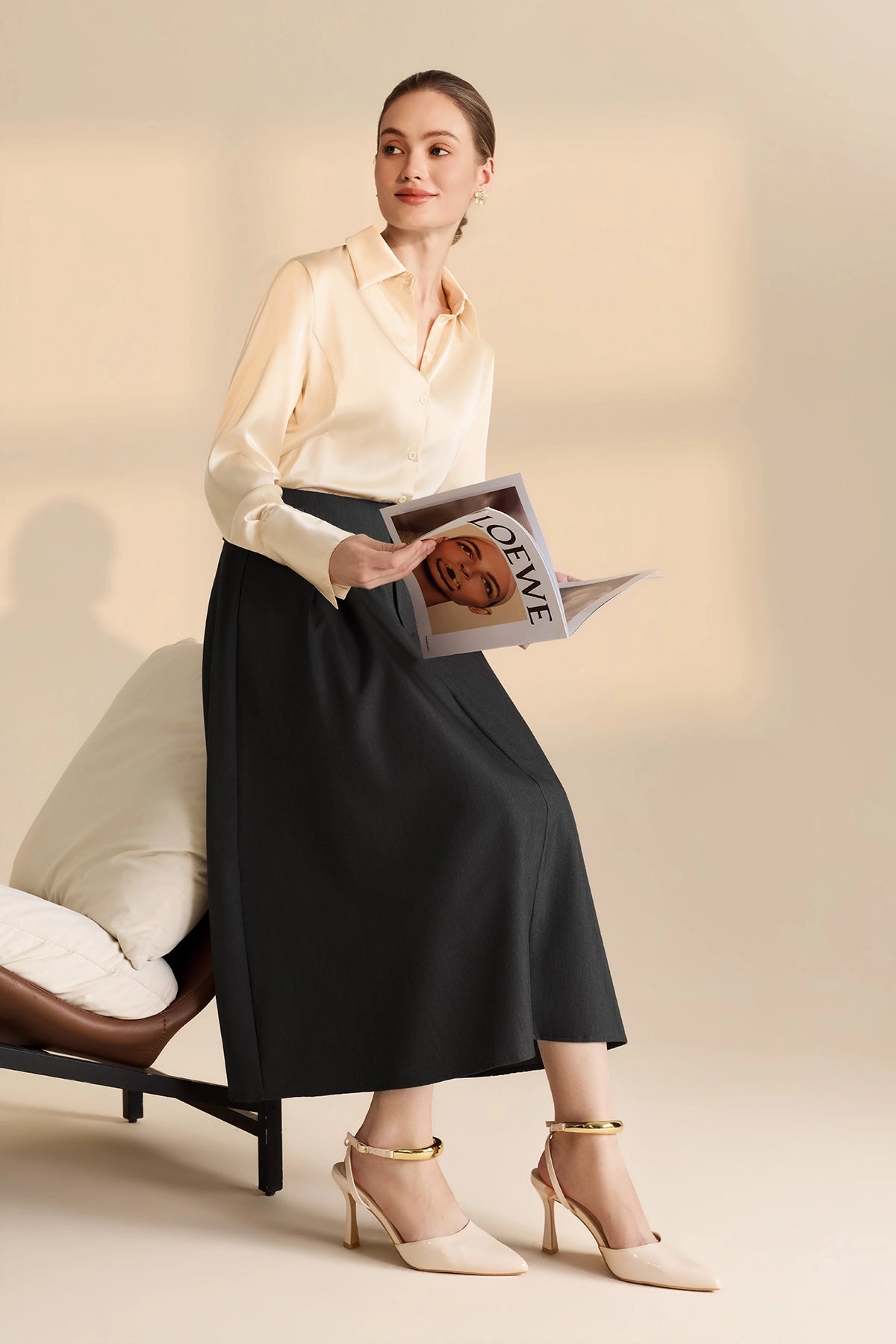 Womens Champagne Satin Button Down Shirt | CicyBell