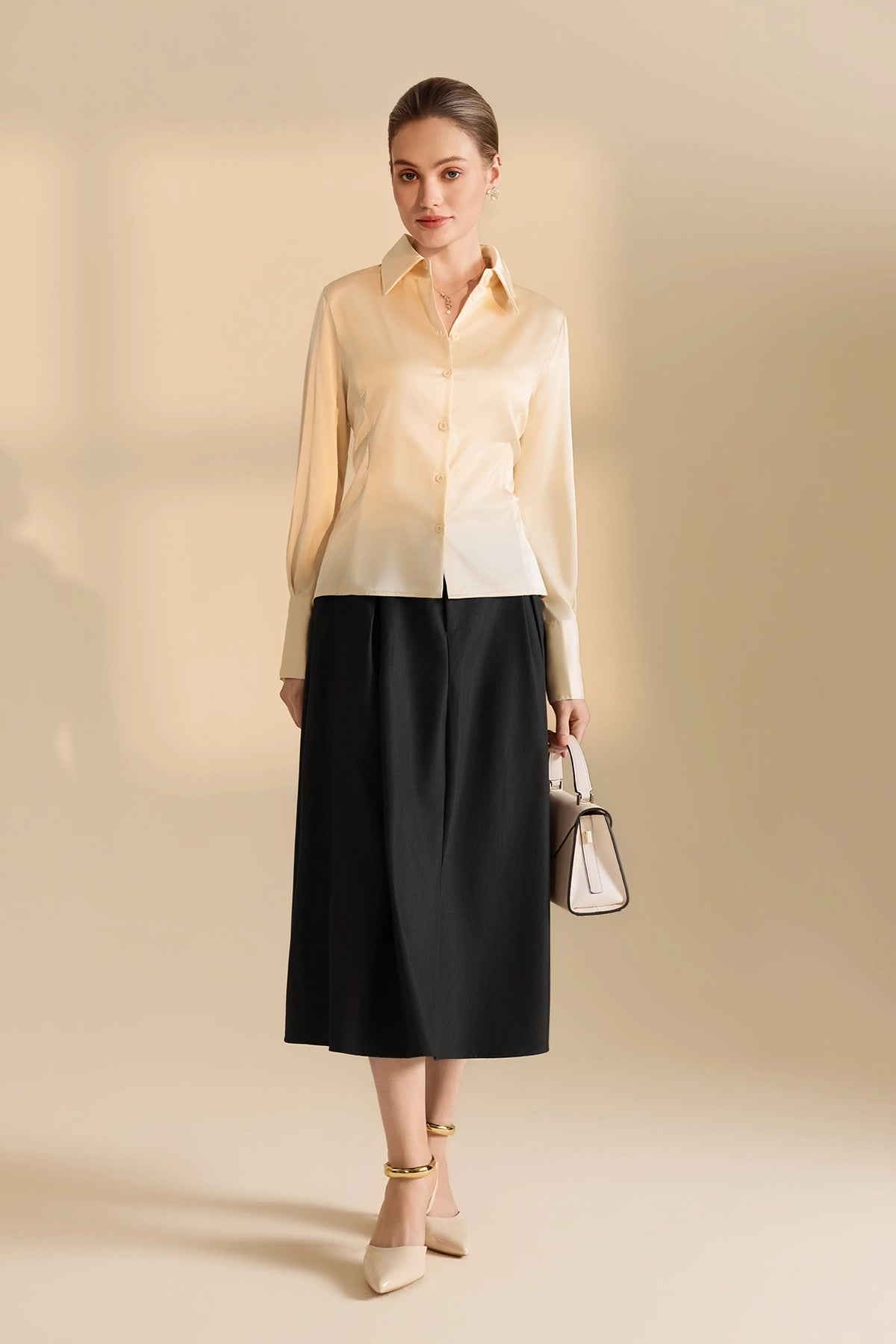 Womens Champagne Satin Button Down Shirt | CicyBell