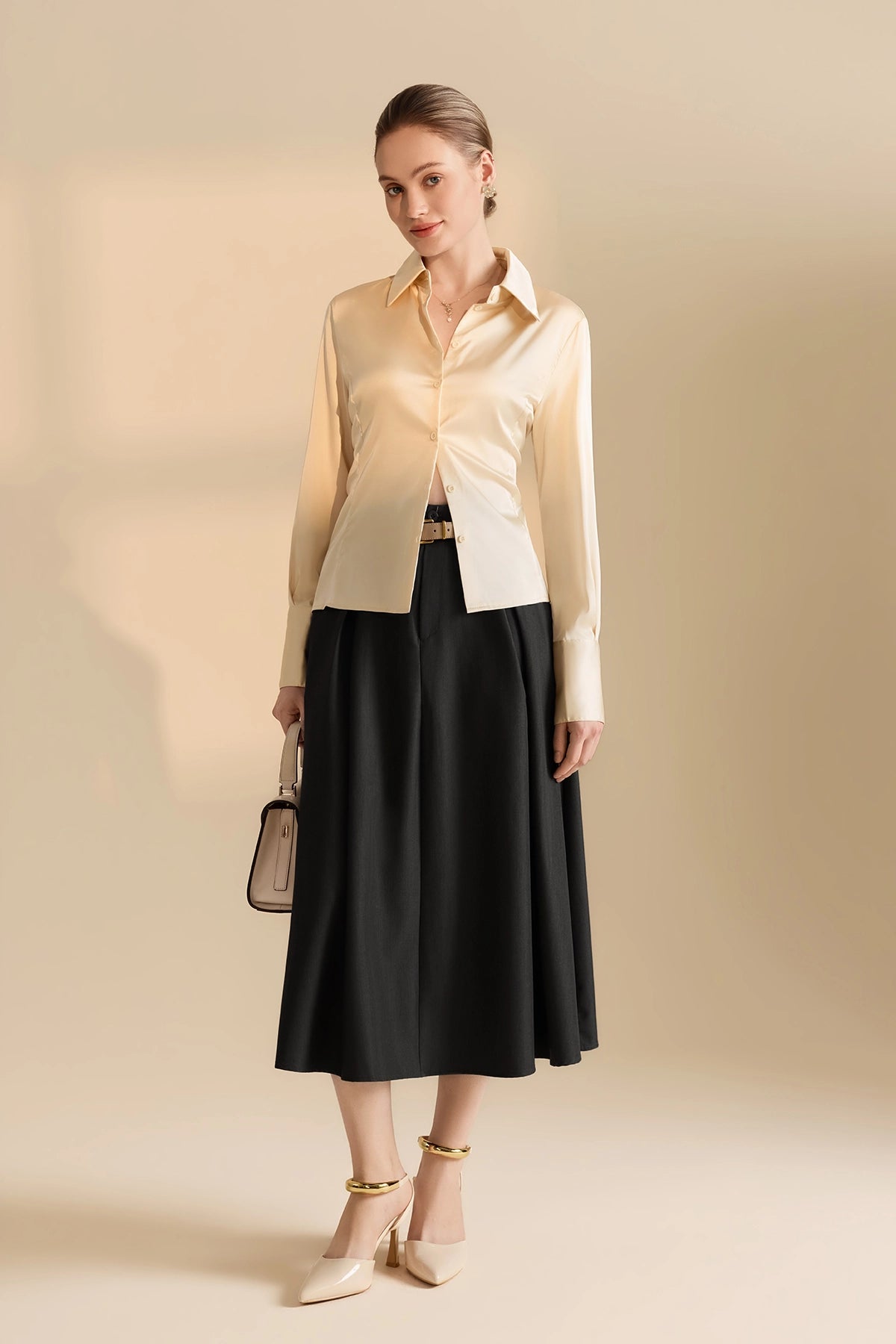 Womens Champagne Satin Button Down Shirt | CicyBell