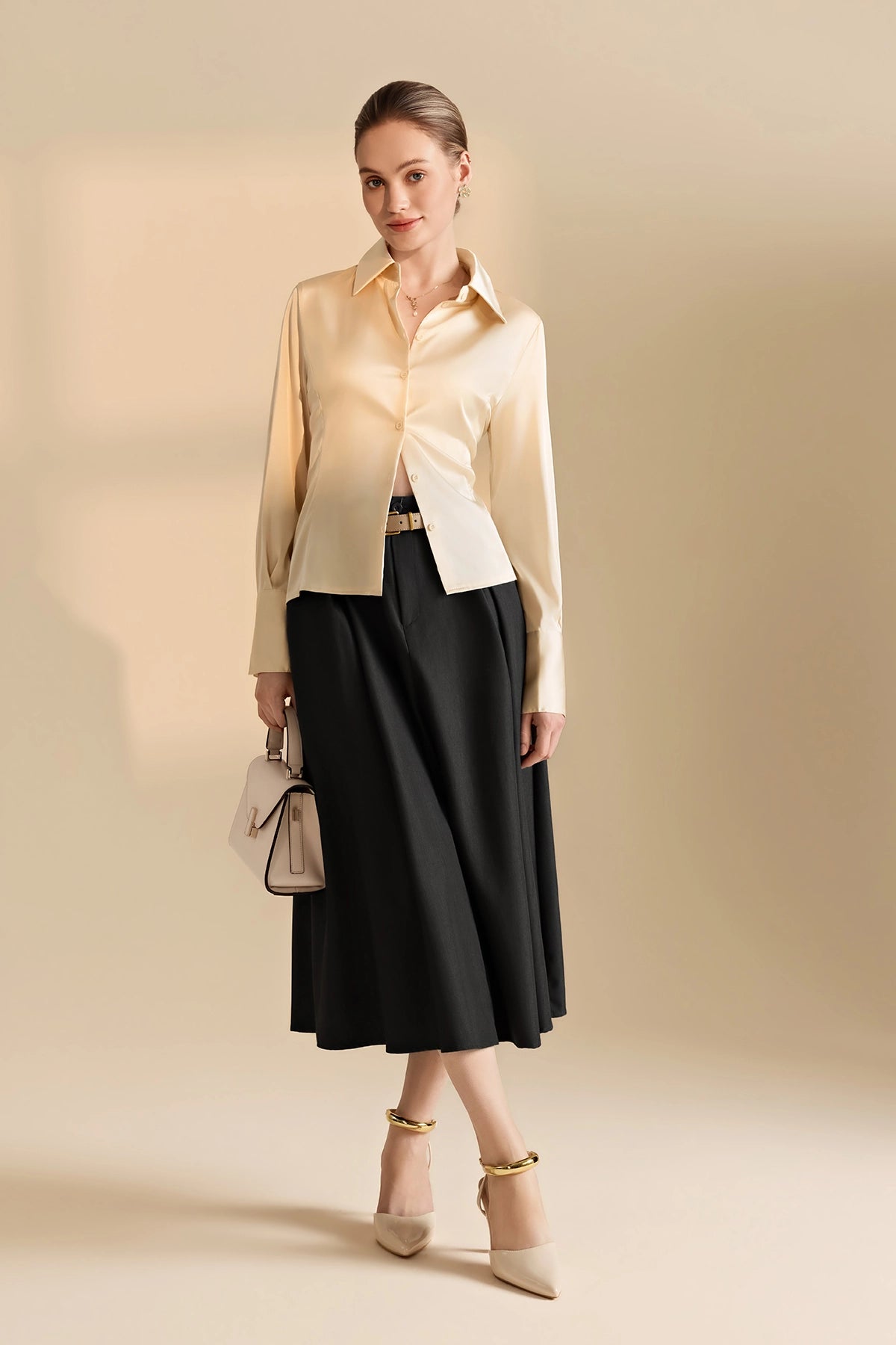 Womens Champagne Satin Button Down Shirt | CicyBell